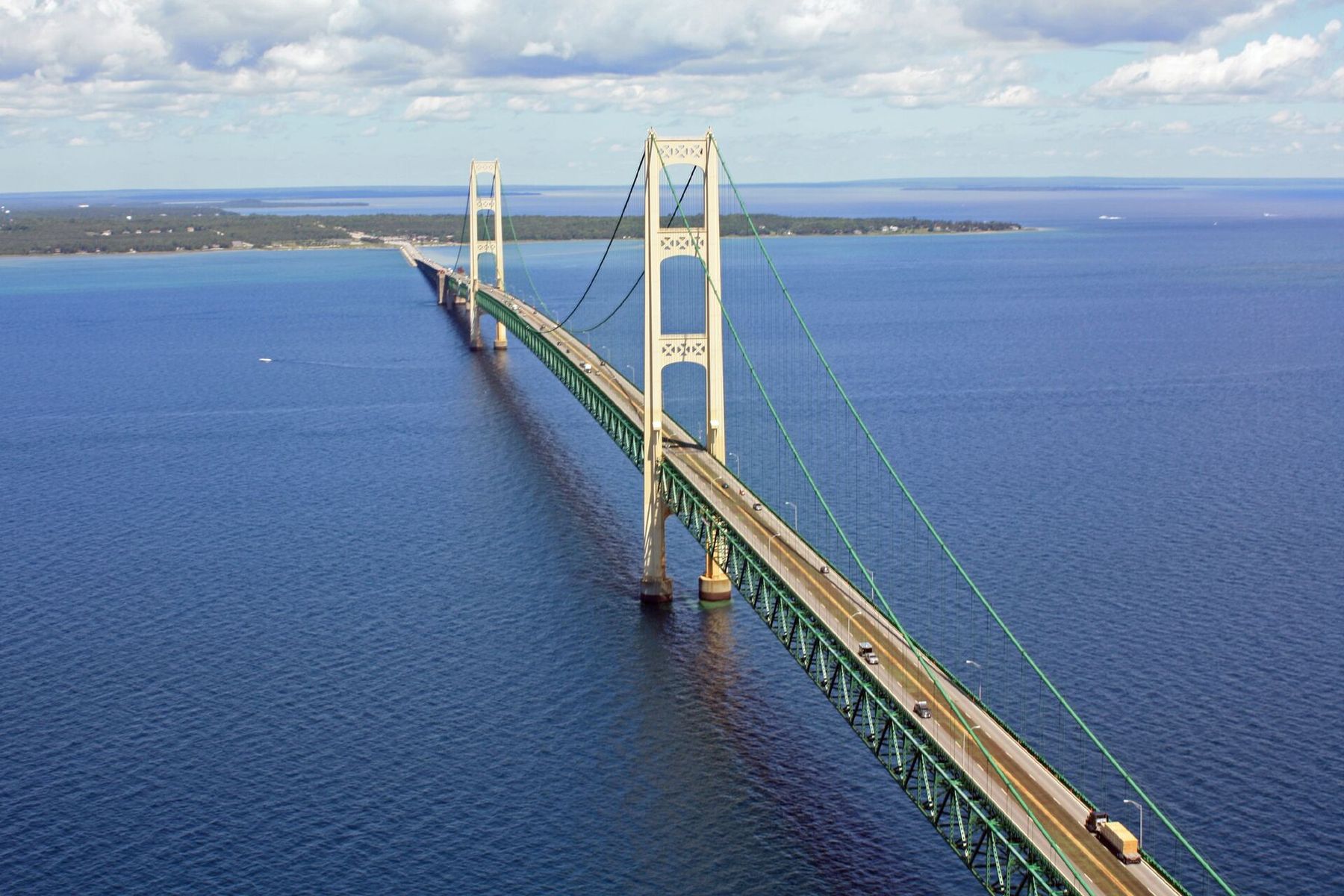 The Mackinac Bridge spanning the Straits of Mackinac in northern Michigan.