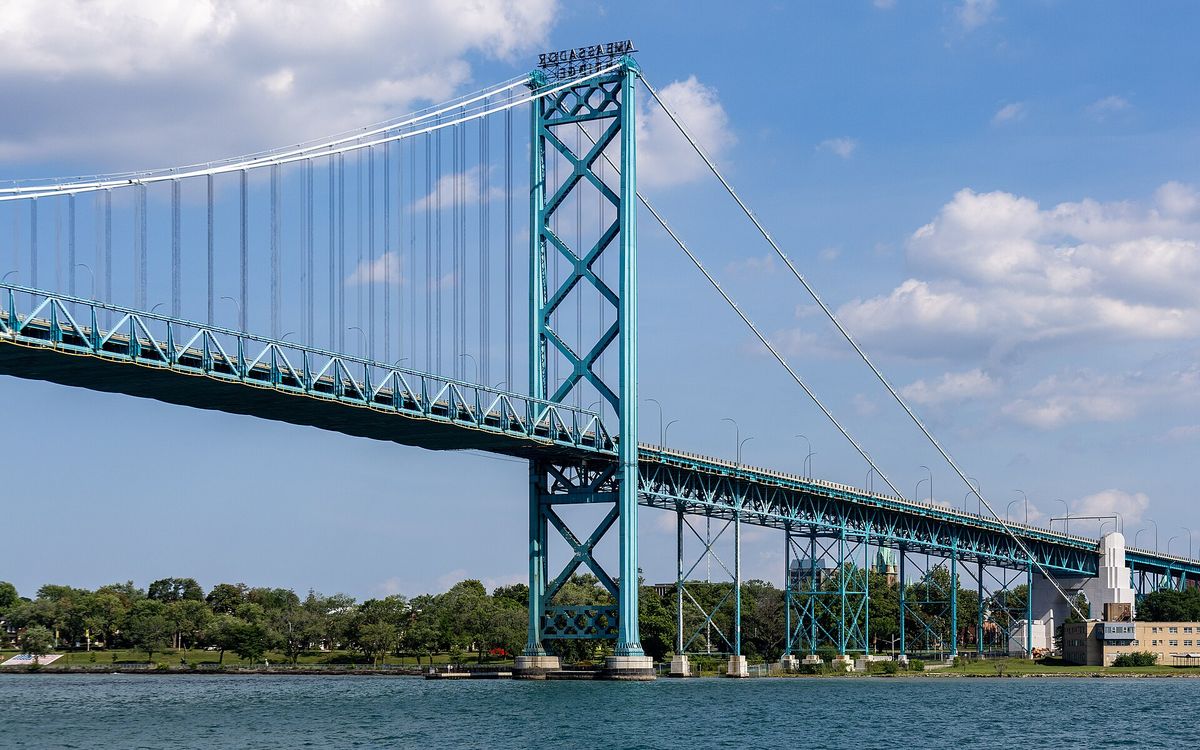The Ambassador Bridge connecting Detroit, Michigan to Windsor, Ontario.